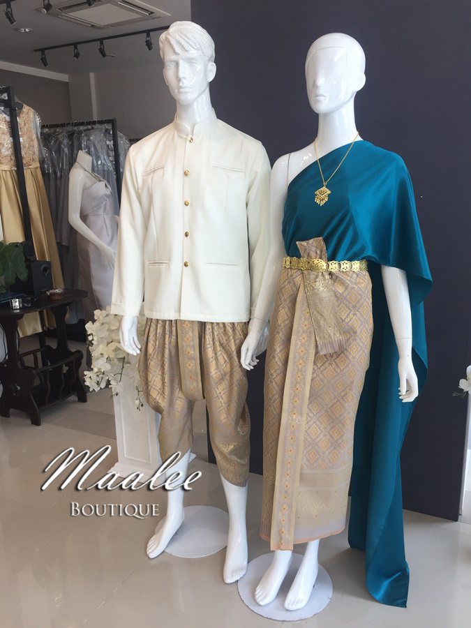 เช่า ชุดไทย ชุดเพื่อนเจ้าสาว ชุดไทยผ้าถุงสีทอง สไบเรียบ สีน้ำทะเล