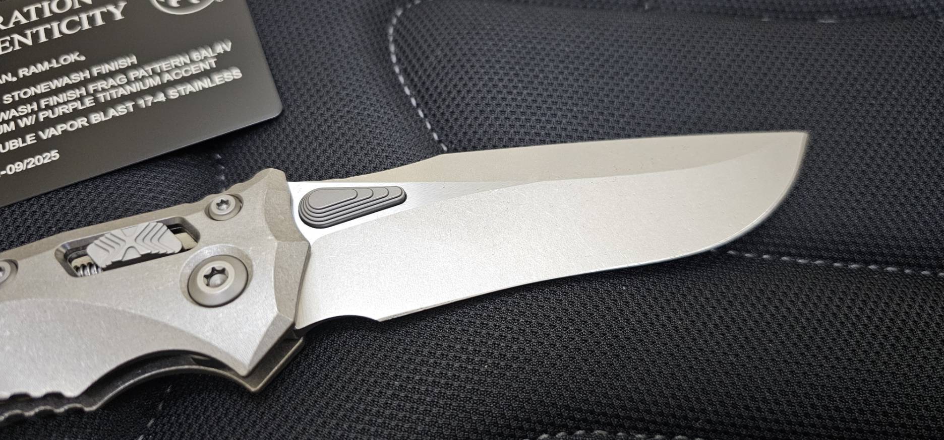 Microtech Marfione Select Amphibian RAM LOK Titanium Frag Handles & Stonewash M390MK w/ Double Vapor Blast & Purple Accents