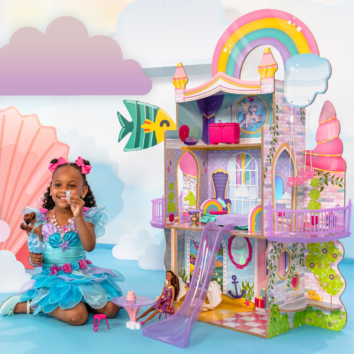 พร้อมส่ง บ้านตุ๊กตาแสนสนุก KidKraft Rainbow Dreamers Unicorn Mermaid Wooden Dollhouse with 15 Accessories
