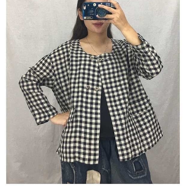 เสื้อ/เสื้อคลุมผ้าลินินลายสก็อตกระเป๋าหน้า