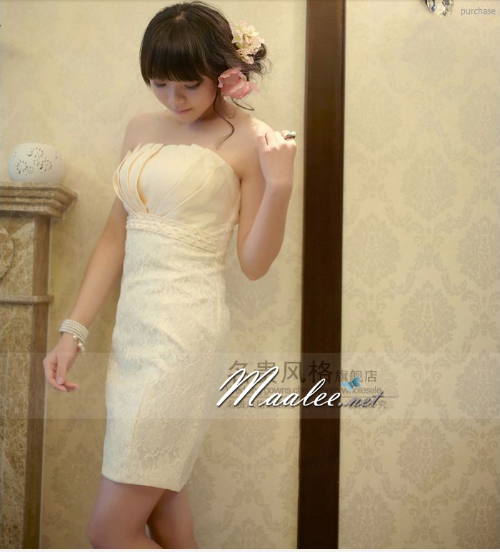 พร้อมส่ง ชุดราตรีสั้น เกาะอก สีครีม Champagne จับจีบหน้าอก กระโปรงลูกไม้