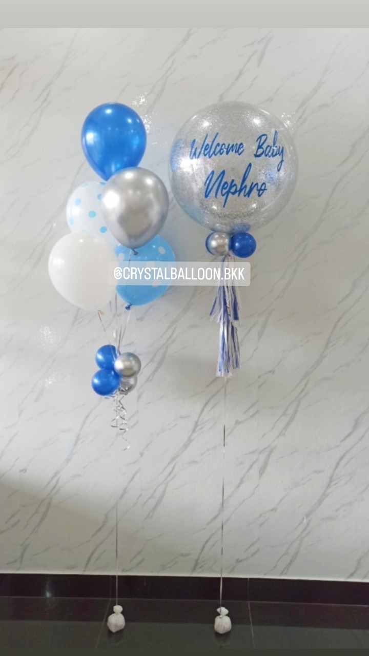 ลูกโป่ง Welcome Baby Bubble ขนาด 24" กลิตเตอร์สีเงิน พร้อม ช่อลูกโป่ง ช่อ 5 ลูก 1 ช่อ พร้อมตกแต่ง สามารถเปลี่ยนสีลูกโป่ง/เปลี่ยนข้อความ/เปลี่ยนขนาดได้