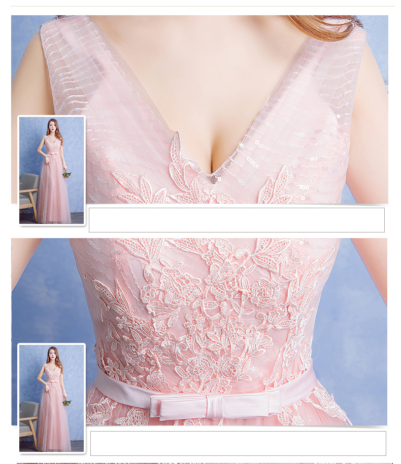 พร้อมเช่า ชุดราตรียาว แขนกุด สีชมพู แต่งลายลูกไม้ ผ้าตาข่าย ข้างในปักเลื่อมสวย