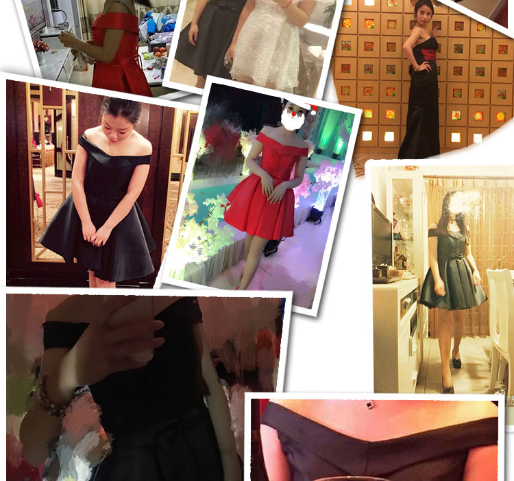 พร้อมเช่า ชุดราตรีสั้น แบบไหล่ปาด สไตล์วินเทจผ้าไหมดัชเชส กระโปรงทรง แต่งเม็ดกระดุม&โบว์ สีดำ (เชือกผูกหลัง)