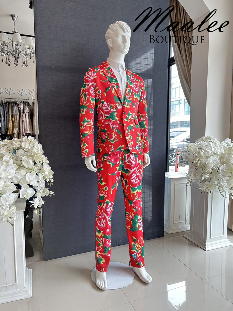 พร้อมเช่า ชุดสูทชาย สูทจีน ลายดอก สีแดง