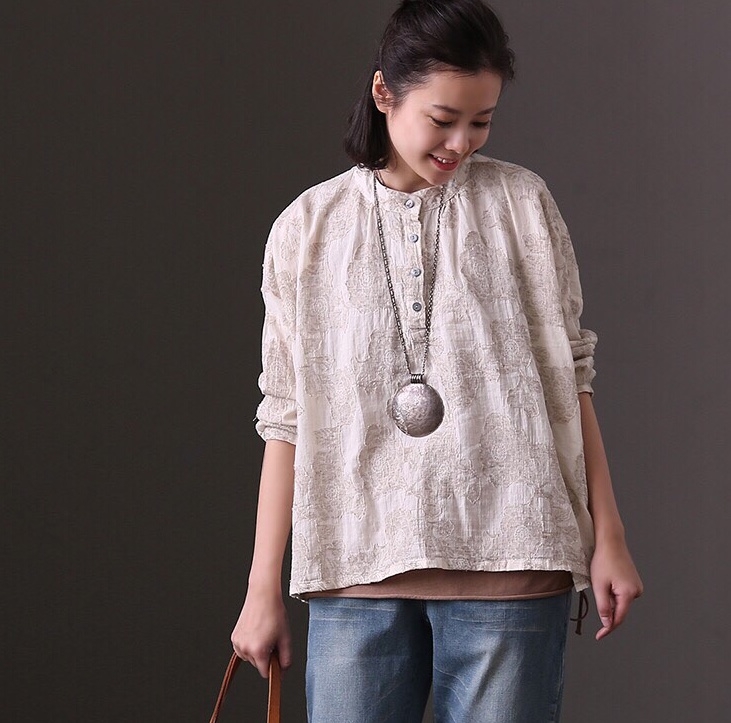 เสื้อคอจีนผ้าลินินผสมฝ้ายลายดอกไม้