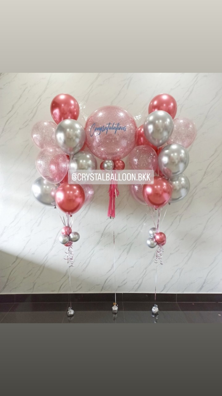 ลูกโป่ง แสดงความยินดี Bubble ขนาด 24" กลิตเตอร์สีชมพู พร้อม ช่อลูกโป่งสีโครเมี่ยม ช่อ 10 ลูก 2 ช่อ,ลูกโป่งใส ใส่กลิตเตอร์ พร้อมตกแต่ง สามารถเปลี่ยนสีลูกโป่ง/เปลี่ยนข้อความ/เปลี่ยนขนาดได้