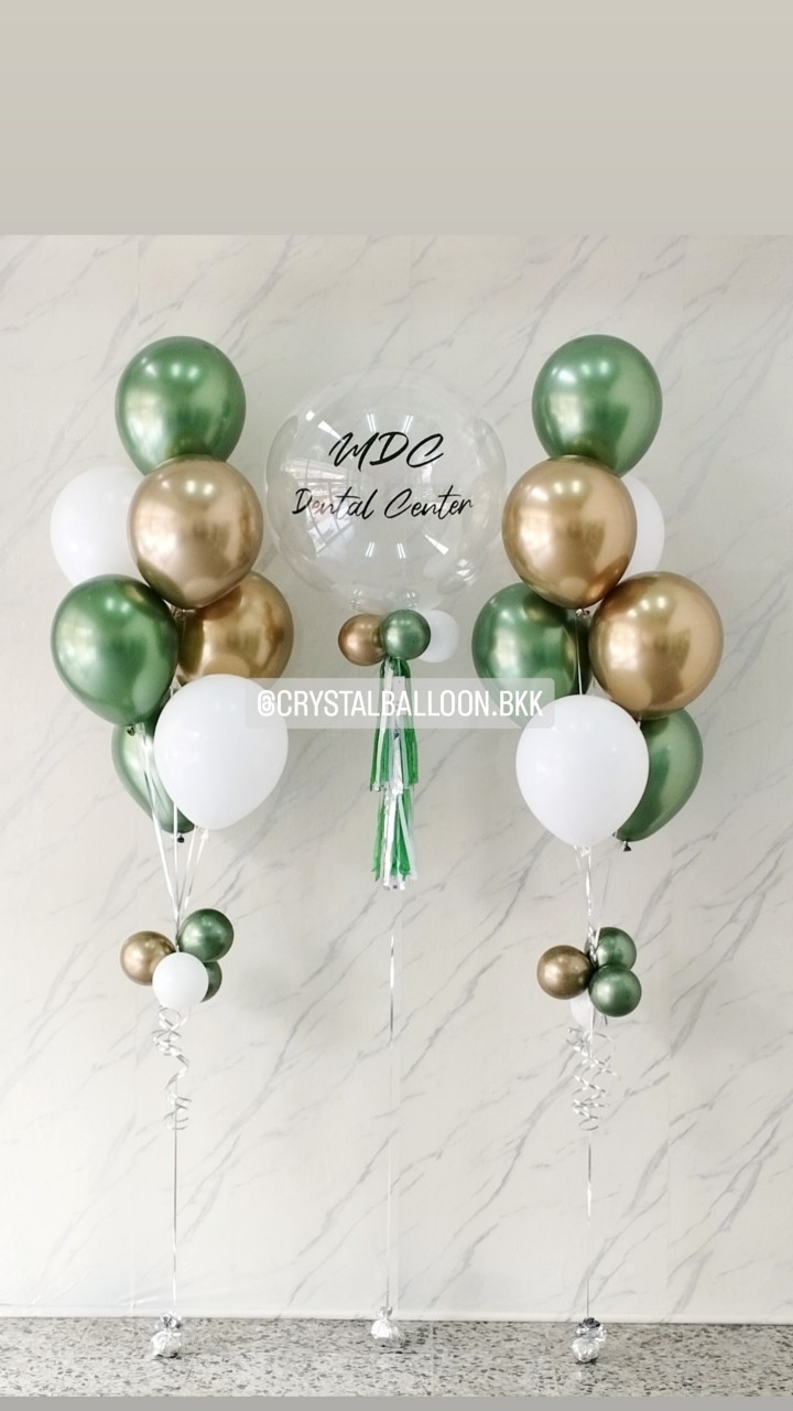 ลูกโป่ง เปิดร้าน Bubble ขนาด 24" สีใสล้วน 1 ลูก พร้อม ช่อลูกโป่งสีโครเมี่ยม ช่อ 7 ลูก 2 ช่อ Theme สีทองอ่อนโครเมี่ยม-Avocado โครเมี่ยม พร้อมตกแต่ง สามารถเปลี่ยนสีลูกโป่ง/เปลี่ยนข้อความ/เปลี่ยนขนาดได้