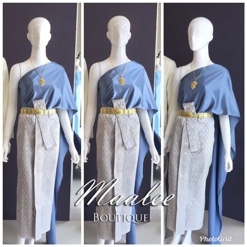 เช่า ชุดไทย ชุดเพื่อนเจ้าสาว ชุดไทยผ้าถุงสีเทาเงิน สไบเรียบ สีเทาอมฟ้า