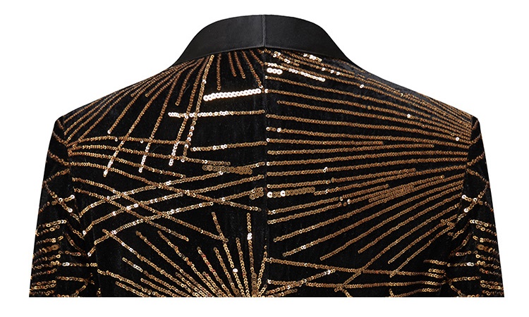 Pre-order เสื้อสูทชาย สูทแฟชั่น สูทดำแต่งเลี่อมเป็นดอกไม้สีทอง