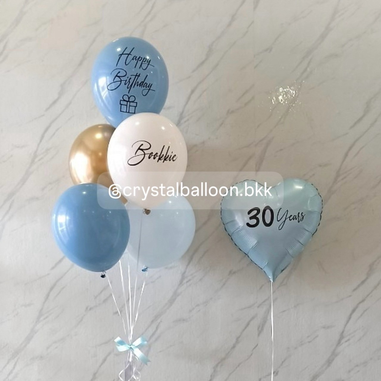 ลูกโป่ง วันเกิด ลูกโป่งช่อ 5 ลูก 1 ช่อ พร้อม ฟอยล์หัวใจ ขนาด 18" 1 ชิ้น ธีมสีฟ้า พร้อมตกแต่ง สามารถเปลี่ยนสีลูกโป่ง/เปลี่ยนข้อความได้