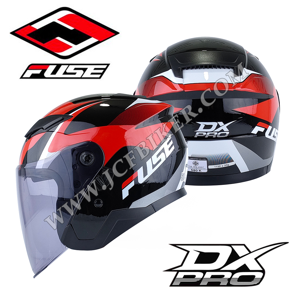 หมวกกันน็อค เปิดหน้า FUSE DX PRO 2023 ชิลด์หน้าสีชา แว่น 2 ชั้น ชุดนวมถอดซักได้ ระบายอากาศได้ดี ลาย F-ONE RED