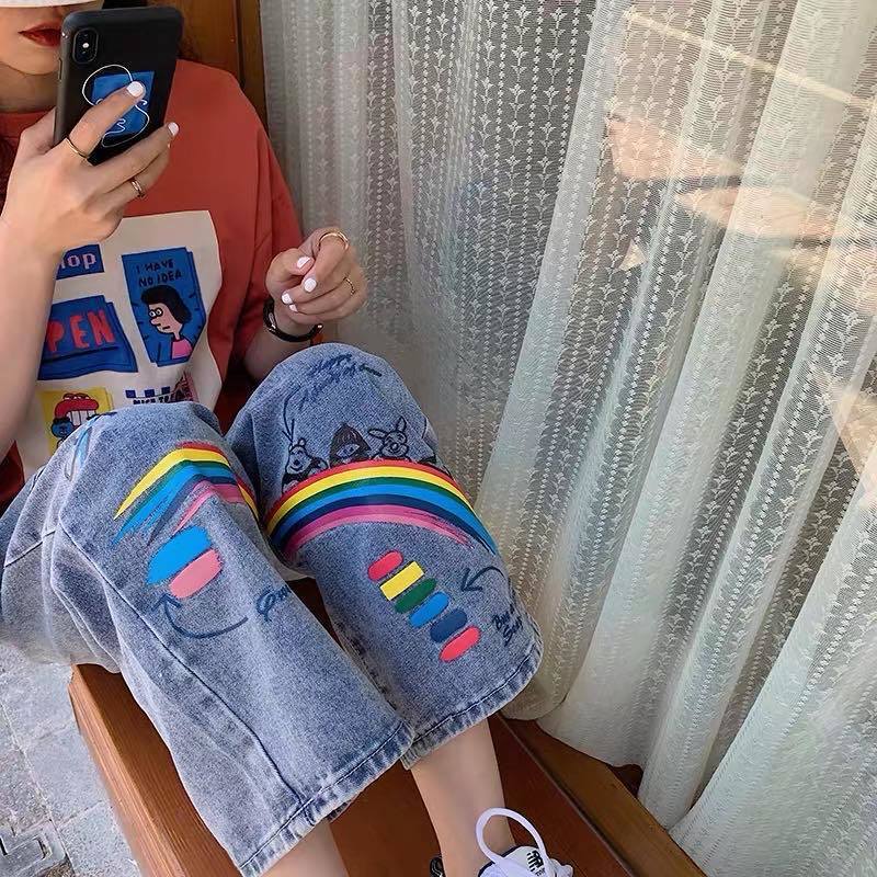 กางเกงยีนส์แนวสตรีท ลายสายรุ้ง