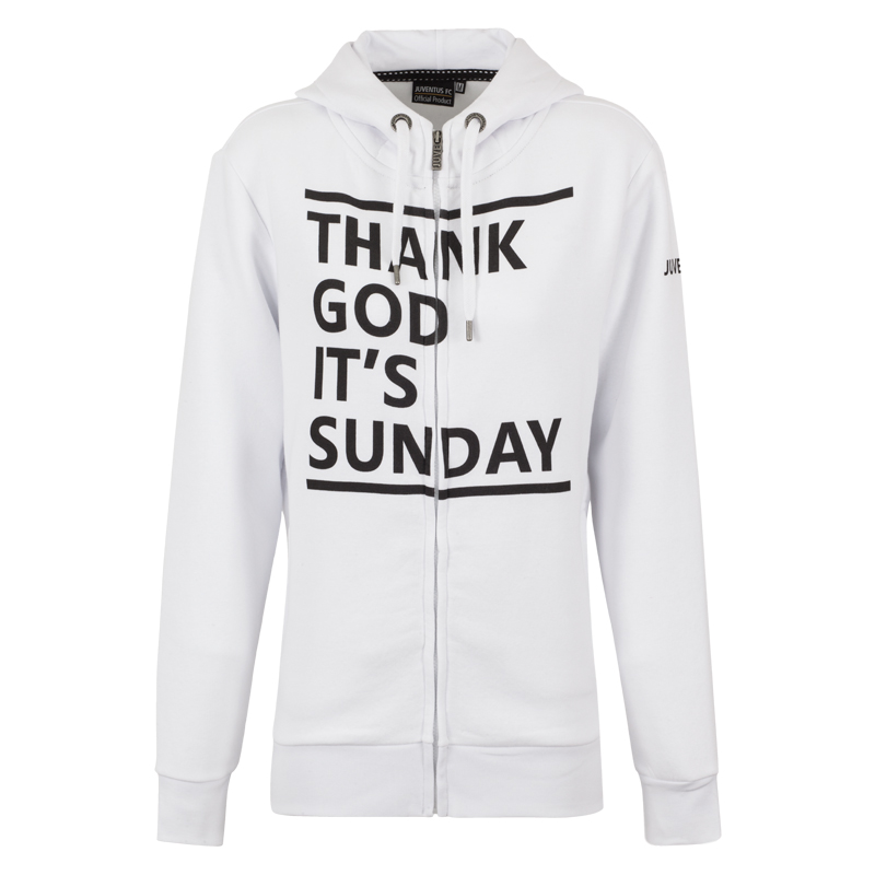 เสื้อฮู้ดยูเวนตุสสำหรับผู้หญิงของแท้ Juventus "Thank God It's Sunday" Fleece Full Zip Up White Women