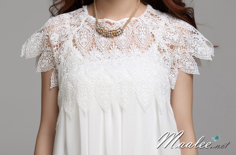 พร้อมส่ง ชุดเดรสสั้น ลูกไม้สีขาว ผ้าชีฟองชายย้วย ทรงผีเสื้อ (ฟรีไซส์)