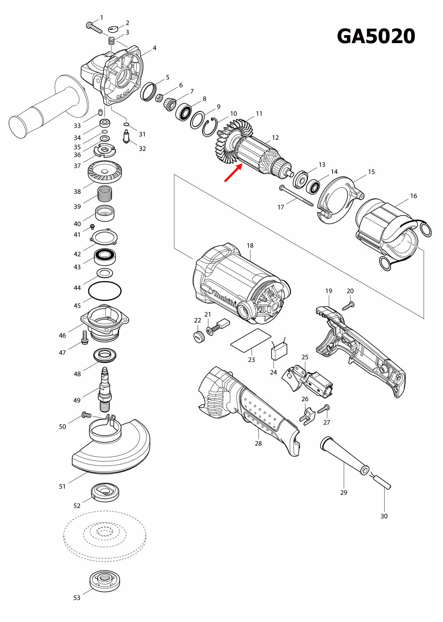 ทุ่น หินเจียร 5 นิ้ว Makita GA5010, GA5020, GA6010, GA6020 (ใช้Specเดียวกัน) P/N.510195-6 (แท้) ## (*)