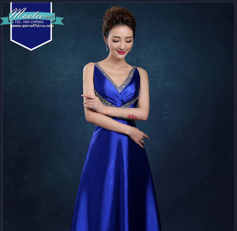 พร้อมเช่า ชุดราตรียาว สายเดี่ยว ปักเลื่อมรูปตัว X หางยาว สีน้ำเงิน