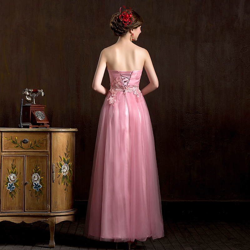 พร้อมส่ง ชุดราตรียาว เกาะอก สีชมพูหวาน ผ้าตาข่ายทั้งชุด อกจับจีบ แต่งดอกคาดเอว & พร้อมเม็ดคริสตัลหรู (เหลือสีชมพูอ่อน)