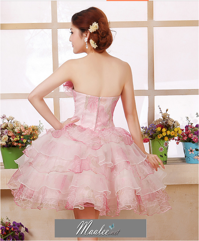 พร้อมเช่า ชุดแฟนซี เช่า 500 ชุดราตรีสั้น เกาะอก สีกุหลาบแต่งดอกไม้สามมิติ พองฟูน่ารักมาก