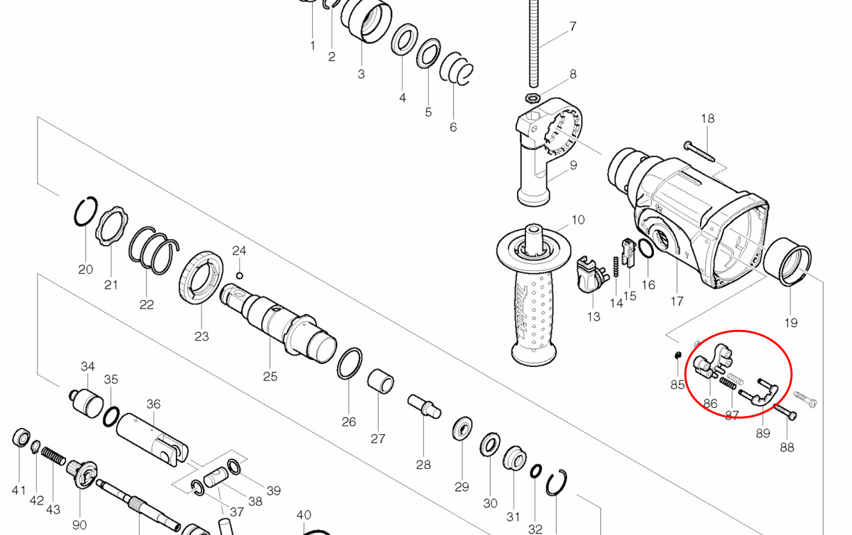 ชุดขาพลาสติก-ขาเหล็ก-สปริง สว่านโรตารี่ Makita รุ่น HR2450T, HR2451, HR2453, HR2454, HR2470F, HR2475 [#86, #87, #89] #A13