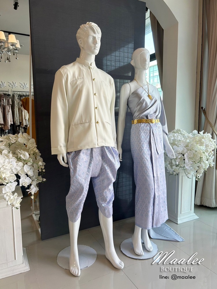 เช่า ชุดไทย ชุดเพื่อนเจ้าสาว ชุดไทยผ้าถุงสีชมพูฟ้าเงิน สไบเรียบสีเทา