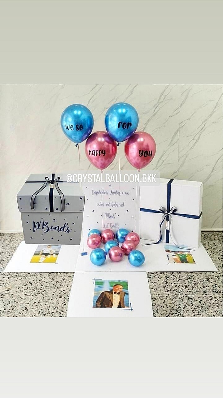 Happy Birthday กล่องเซอร์ไพรส์วันเกิด พร้อม ลูกโป่ง 4 ลูก พร้อมตกเเต่ง สามารถใส่รูปได้ 3 ใบ สามารถเปลี่ยนสีลูกโป่ง/เปลี่ยนสีข้อความได้