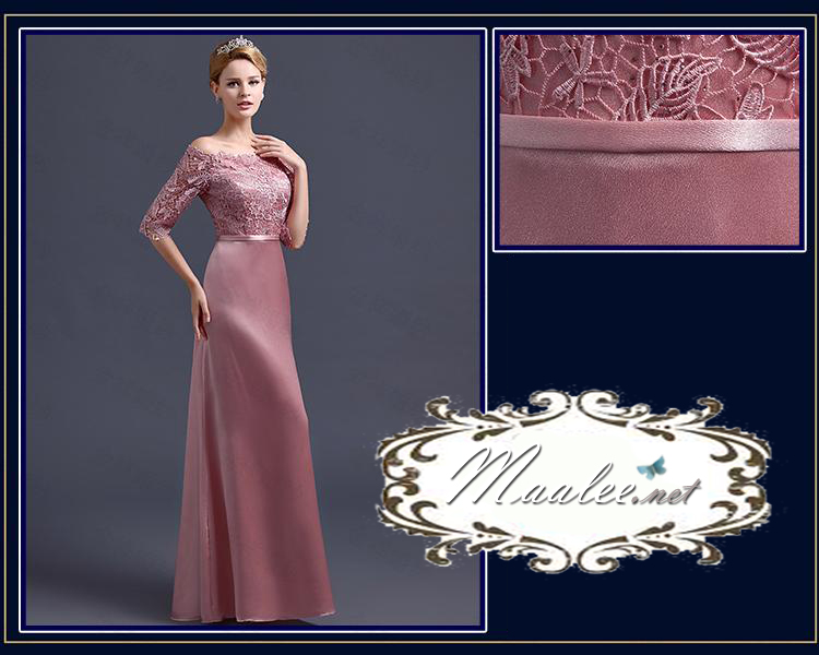 พร้อมเช่า ชุดราตรียาว แบบปาดไหล่ สีชมพูNude ผ้าซาติน แต่งลูกไม้ (เชือกผูกหลัง)