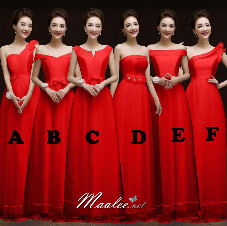 พร้อมเช่า ชุดราตรียาว ชุดเพื่อนเจ้าสาว แบบ B ปาดไหล่ แต่งโบว์ช่วงเอว (เชือกผูกหลัง)