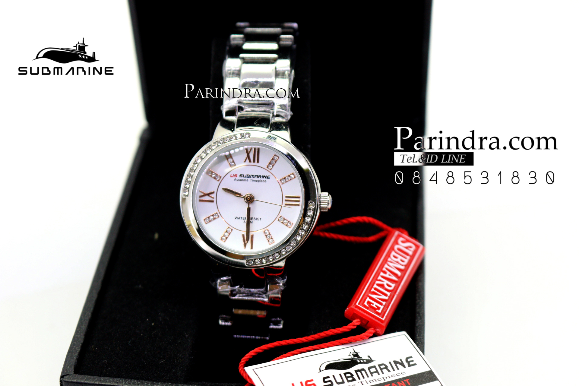 นาฬิกา US submarine รุ่น J120L กรอบหน้าปัดคริตตัล หน้าปัดสีขาวตัวเลลสีPINK GOLD สายสแตนเลสสีเงินเงา