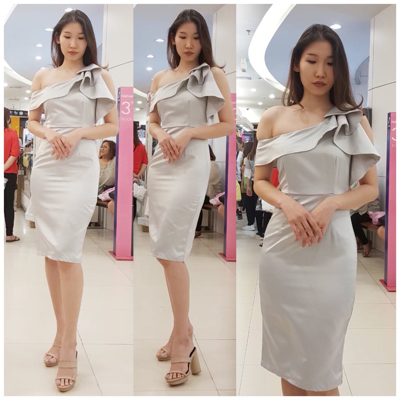 พร้อมเช่า ชุดเดรสสั้น ไหล่เดียว แต่งระบาย โบว์ที่ไหล่ ผ้า silk polyester สีเทา
