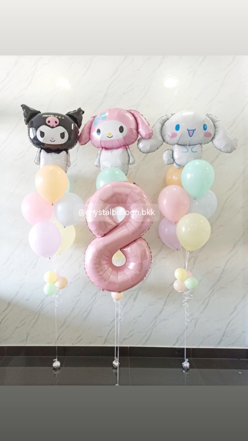 ลูกโป่ง วันเกิดเด็ก ช่อลูกโป่งฟอยล์Sanrio ขนาด 18" ช่อ 7 ลูก 3 ช่อ พร้อม ฟอยล์ตัวเลข ขนาด 40" 1 ชิ้น พร้อมตกแต่ง สามารถเปลี่ยนสีลูกโป่ง/เปลี่ยนข้อความ/เปลี่ยนสี-ฟอยล์ตัวเลข/เปลี่ยนฟอยล์ตกแต่งได้