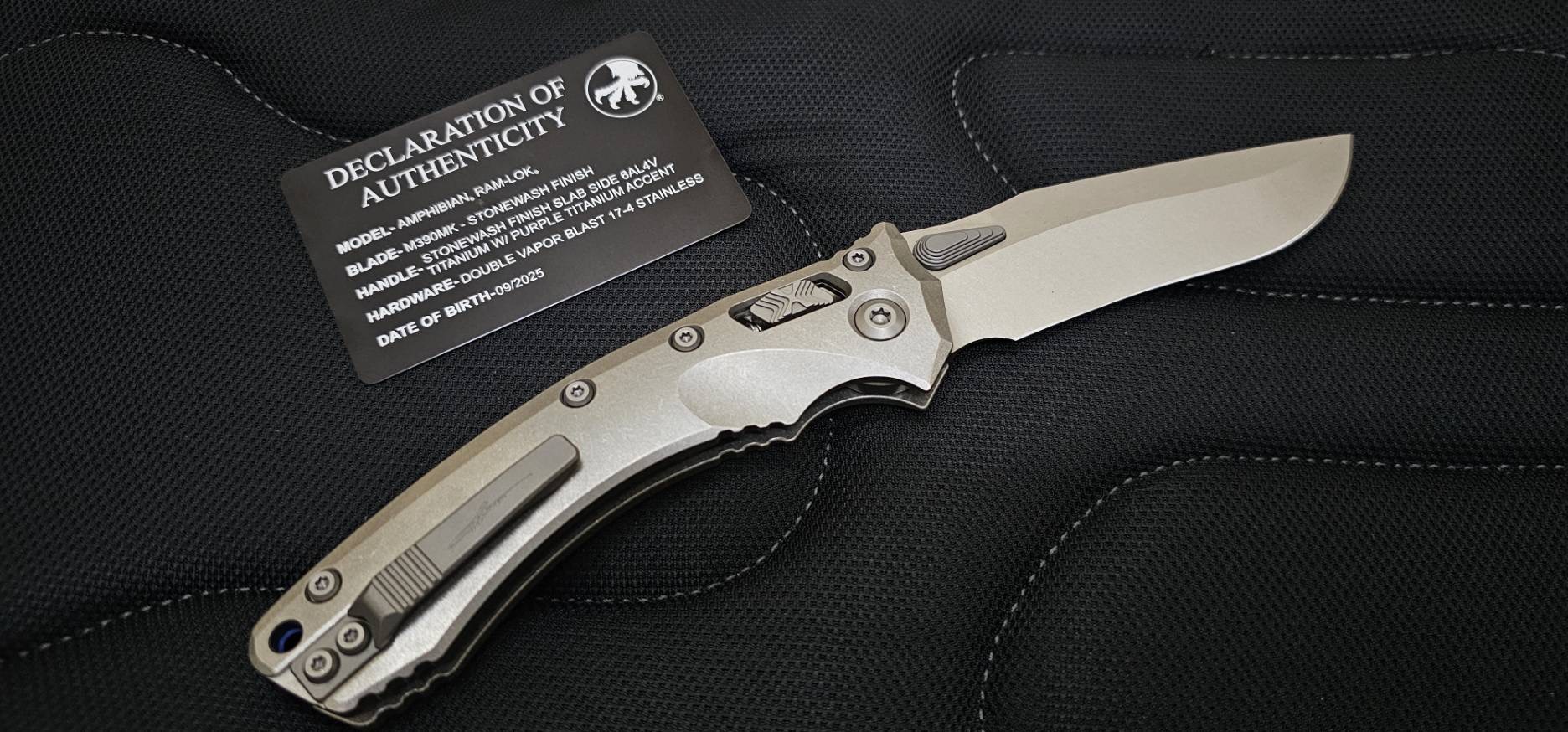 Microtech Marfione Select Amphibian RAM LOK Titanium Handles & Stonewash M390MK w/ Double Vapor Blast & Purple Accents