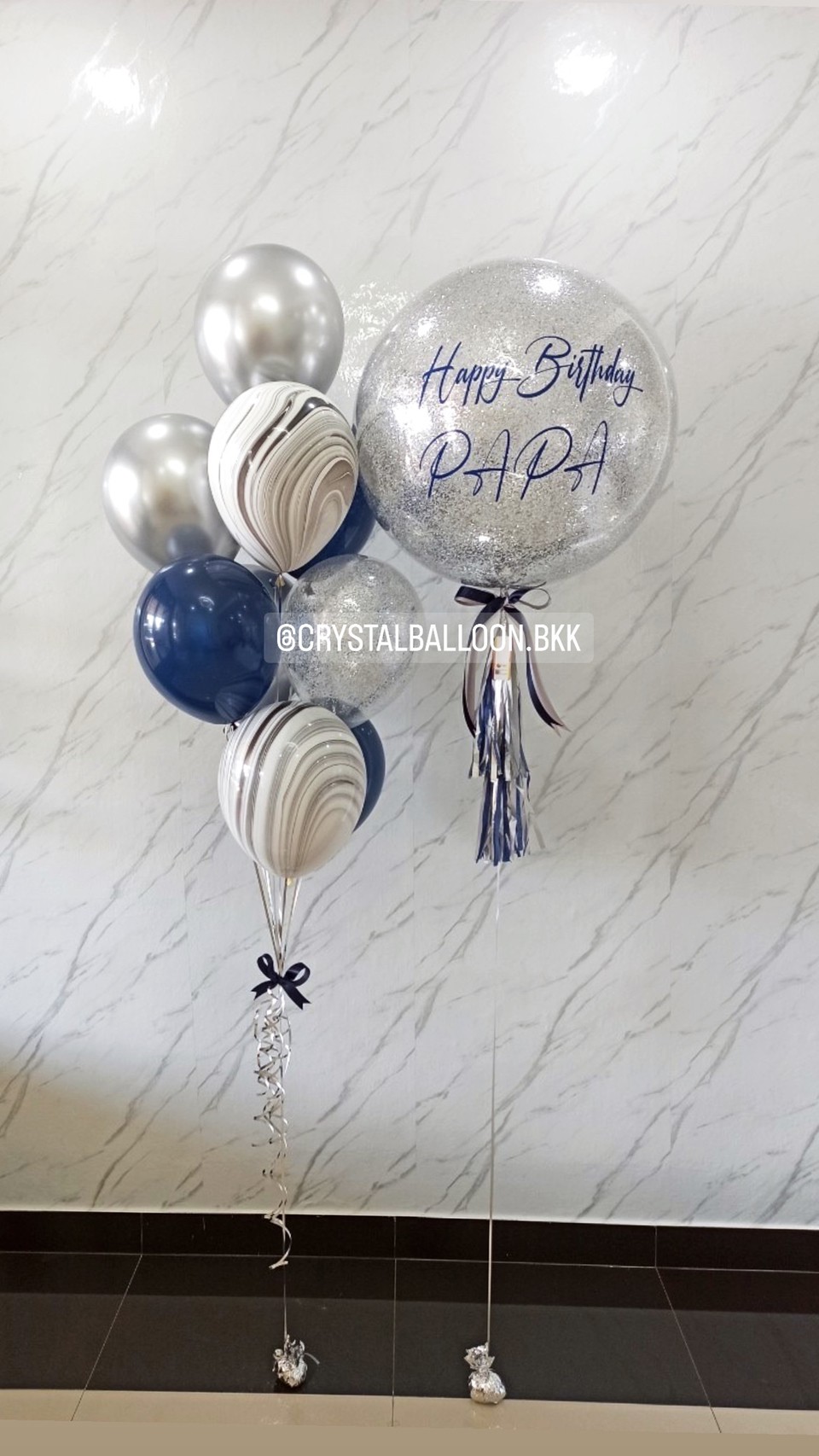 ลูกโป่ง วันเกิด Bubble ขนาด 24" Theme Dark Blue พร้อม ช่อลูกโป่ง ช่อ 9 ลูก 1 ช่อ,ลูกโป่งลายหิน USA 2 ลูก,ลูกโป่งใส ใส่ กลิตเตอร์ พร้อมตกเเต่ง สามารถเปลี่ยนสีลูกโป่ง/เปลี่ยนข้อความ/เปลี่ยนขนาดได้