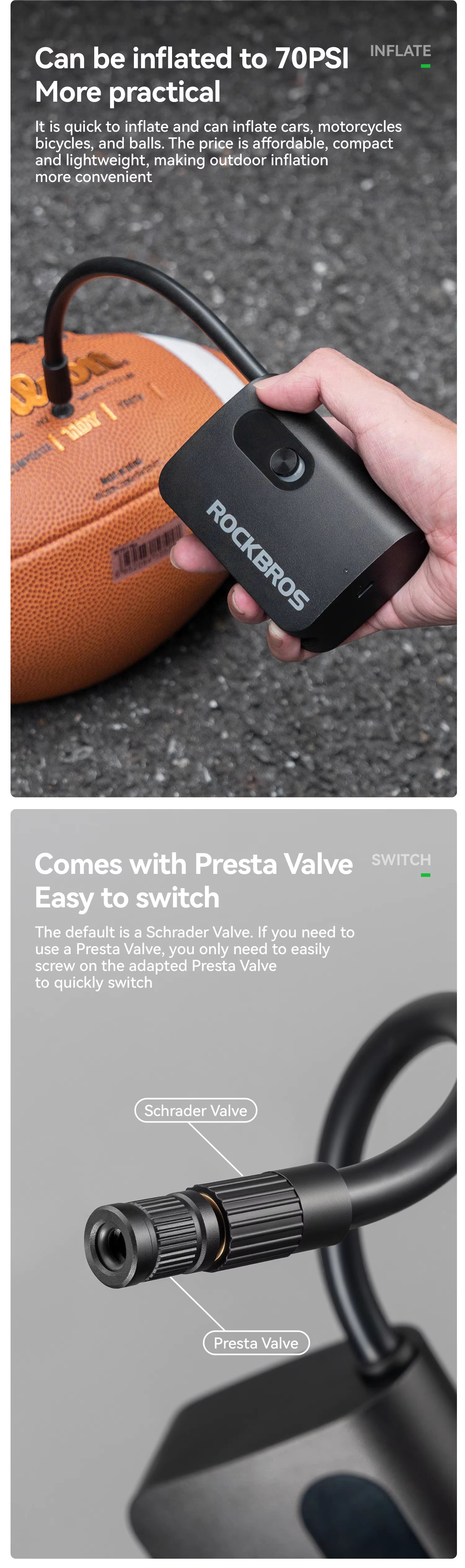 ปั๊มลมไฟฟ้า ROCKBROS Mini Pump แบบพกพา ชาร์จ USB-C ความดันสูง 150 PSI พร้อมหน้าจอดิจิทัล – สำหรับจักรยาน รถยนต์ ลูกบอล