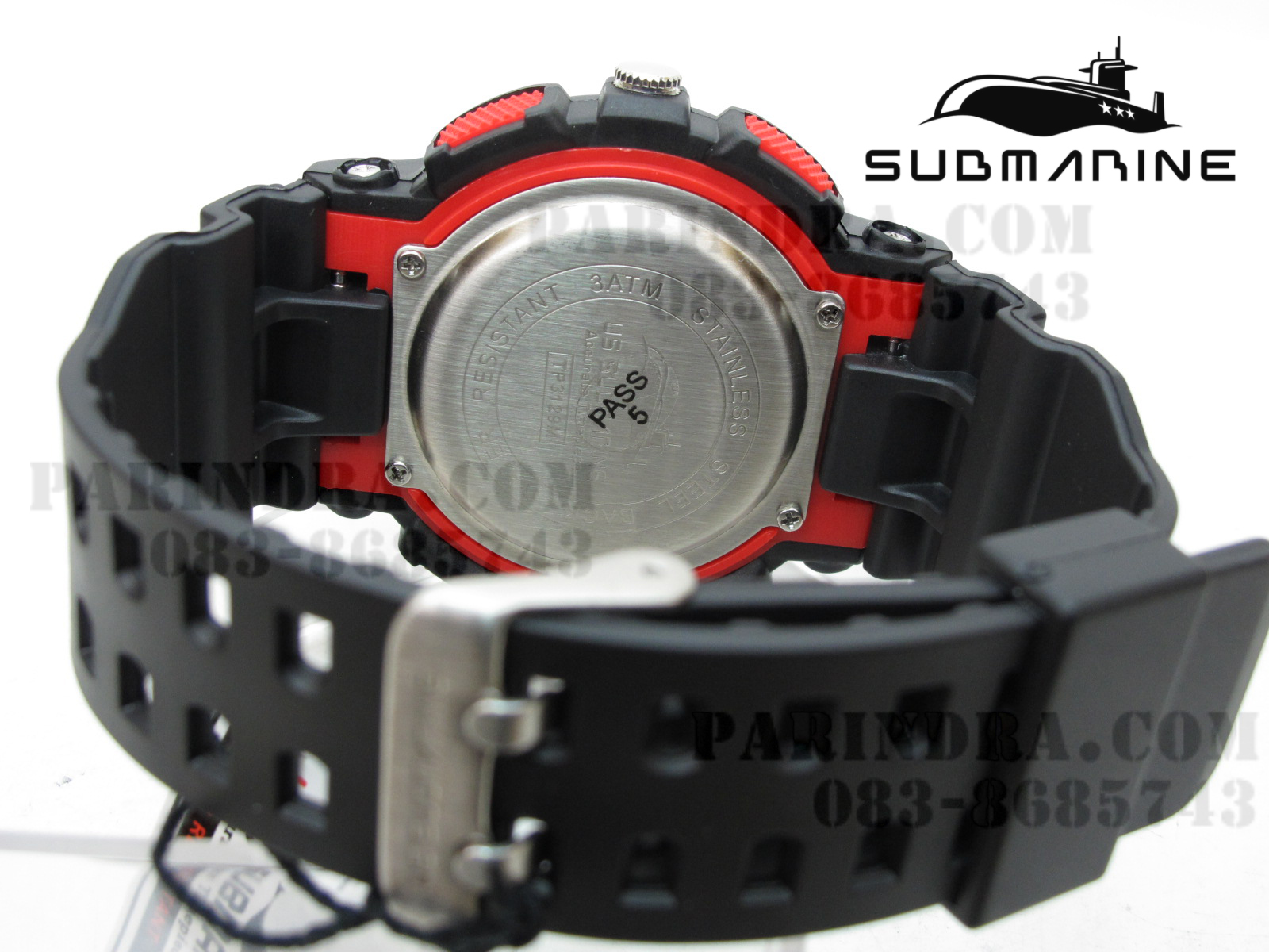 นาฬิกา US submarine Adventure Protector รุ่น TP3129M สีดำตัดแดงผิวด้าน พื้นหลังเทา