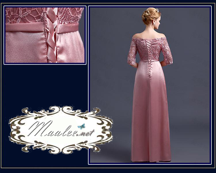 พร้อมเช่า ชุดราตรียาว แบบปาดไหล่ สีชมพูNude ผ้าซาติน แต่งลูกไม้ (เชือกผูกหลัง)