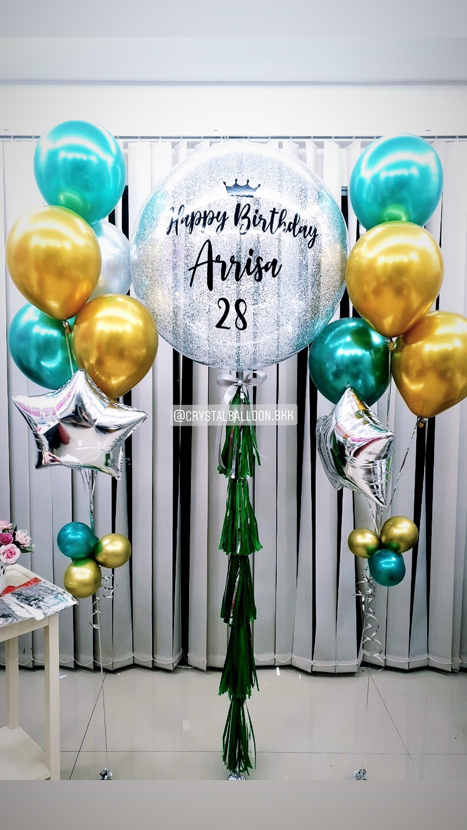 ลูกโป่ง วันเกิด Bubble ขนาด 36" สีเขียว-ทอง สวย สะดุดตา พร้อม ช่อลูกโป่งโครเมี่ยม 2 ช่อ,ฟอยล์ดาว ขนาด 24" 2 ชิ้น พร้อมตกเเต่ง สามารถเปลี่ยนสีลูกโป่ง/เปลี่ยนข้อความ/เปลี่ยนสี-ฟอยล์ตกแต่ง/เปลี่ยนขนาดได้