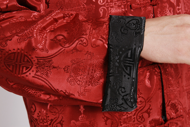 Pre-order ชุดจีน ชาย เสื้อคอจีน ผ้าแพร สีแดง / ดำ ใส่ได้สองด้าน