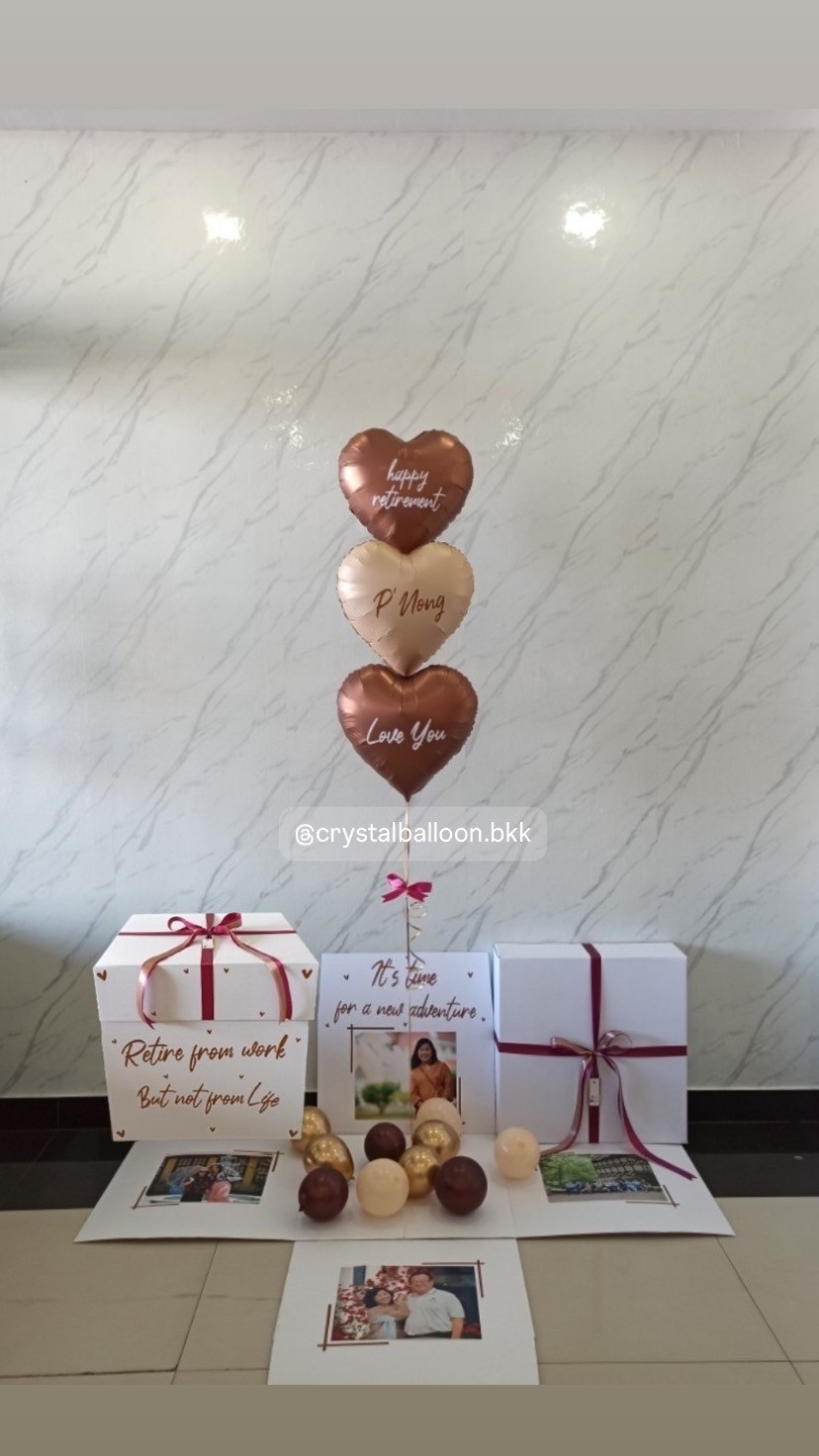 Happy Brithday Surprise Box กล่องเซอร์ไพรส์วันเกิด พร้อม ฟอยล์หัวใจ 18" 3 ชิ้น พร้อมตกเเต่ง สามารถใส่รูปได้ 4 ใบ สามารถเปลี่ยนสีลูกโป่ง/เปลี่ยนข้อความ/เปลี่ยนสีฟอยล์ตกเเต่งได้