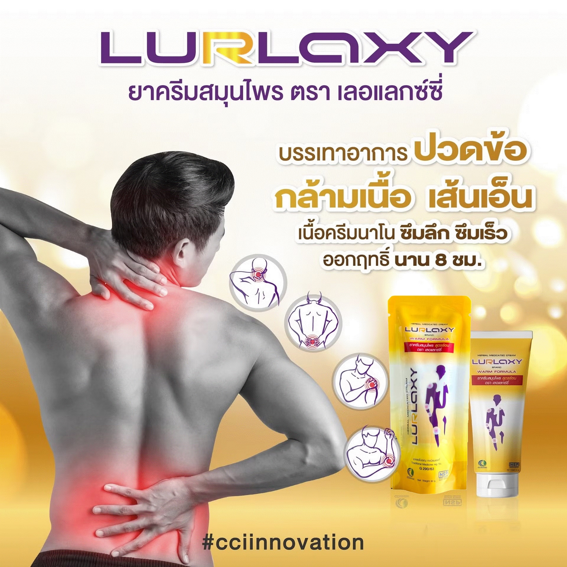 เลอแลกซ์ซี่ LURLAXY นวัตกรรมนาโนเทคโนโลยี่ ปวดข้อกล้ามเนื้อ เส้นเอ็น เนื้อครีมบางเบา ซึมลึกซึมเร็ว ออกฤทธิ์นาน ไม่เหนียวเหนอะหนะ