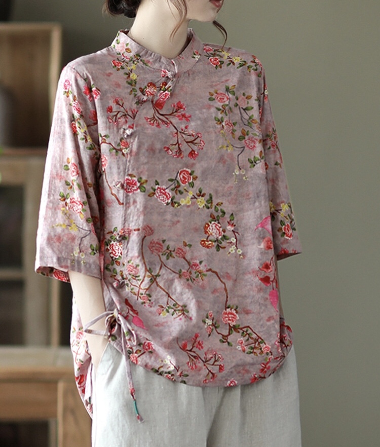 เสื้อคอจีนผ้าลินินผสมฝ้ายลายดอกไม้