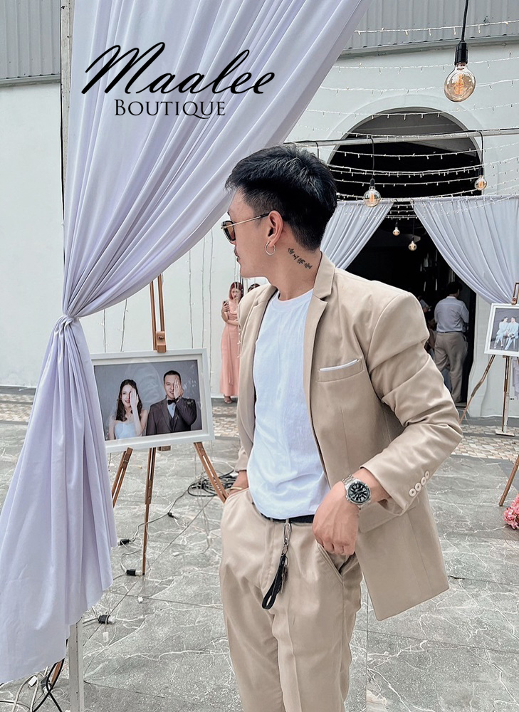 พร้อมเช่า ชุดสูทชาย สูทเพื่อนเจ้าบ่าว สีครีม เบจ Beige Brown (ไม่มีกั๊ก)