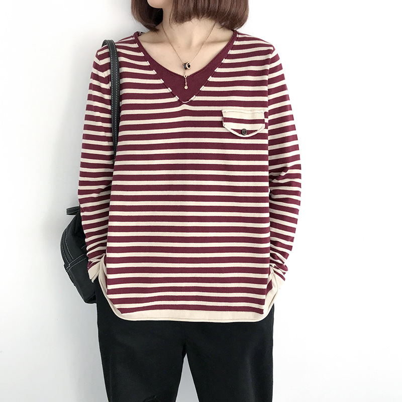 เสื้อยืดไหมพรมลายทางคอวี