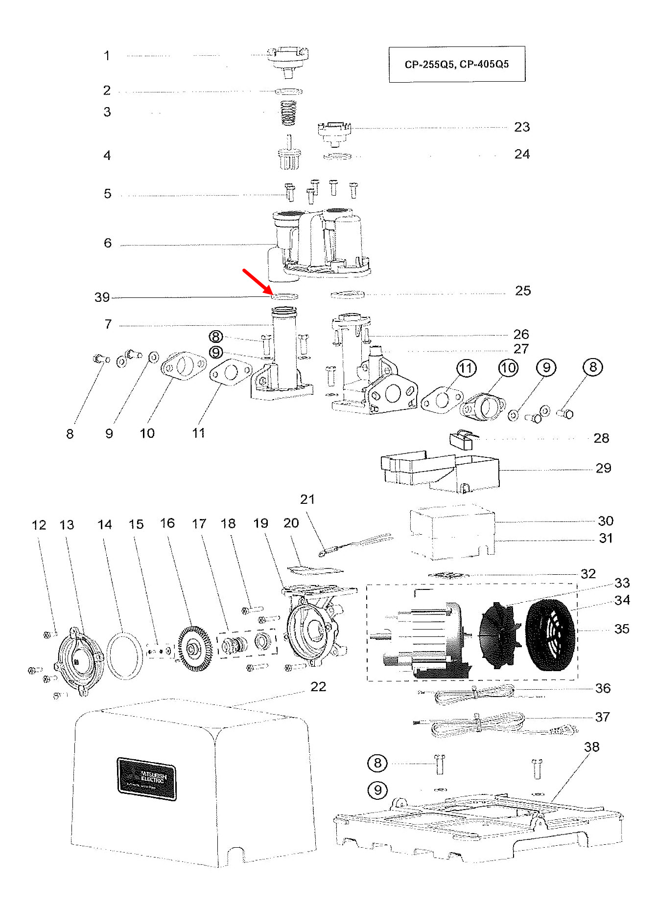 #A7 ยางกันรั่ว(ท่อทางดูด),โอริง(ท่อดูดน้ำ) ปั๊มน้ำ มิตซู WP-205 - WP-405, EP-205 - EP-405, CP-255, CP-405, IP-505 Pn.H00504F01 (แท้)