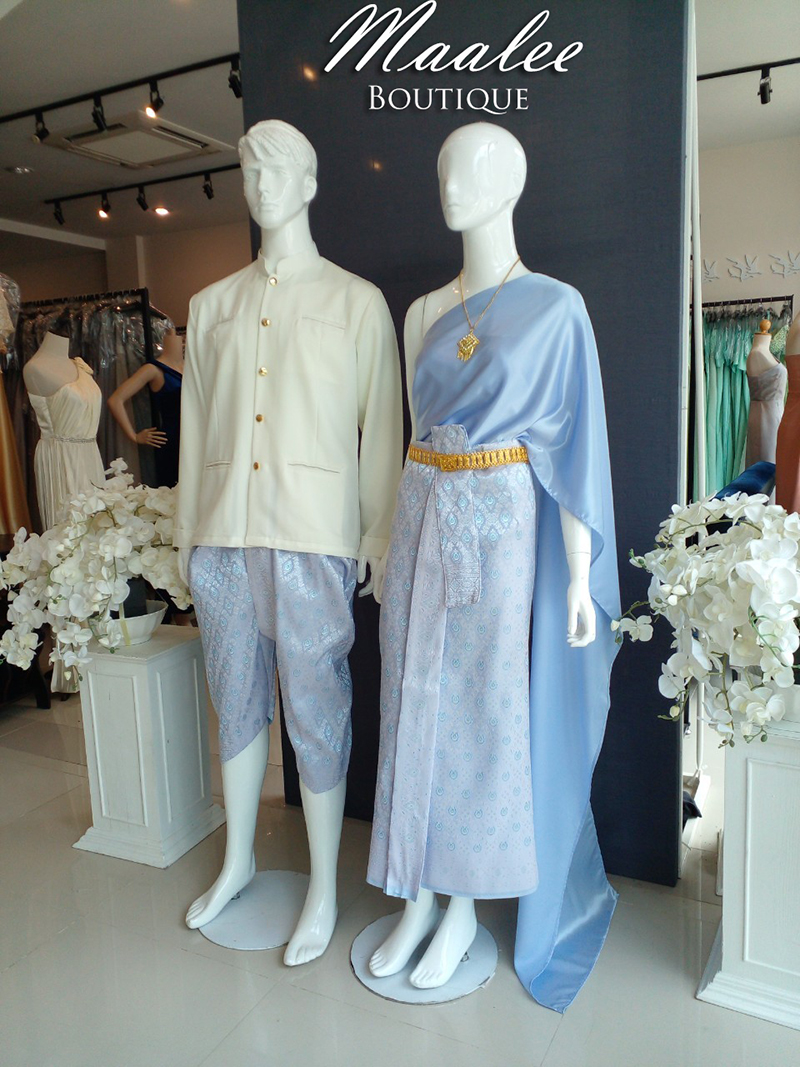 เช่า ชุดไทย ชุดเพื่อนเจ้าสาว ชุดไทยผ้าถุงสีชมพูฟ้าเงิน สไบเรียบสีเทาฟ้า