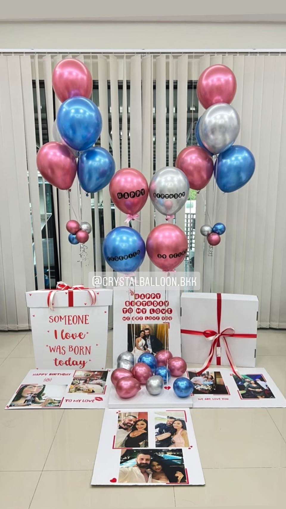 Happy Birthday Surprise Box Theme สีน้ำเงิน-ชมพู พร้อมตกแต่ง สามารถใส่รูปได้ 8 รูป สามารถเปลี่ยนสีลูกโป่ง/เปลี่ยนข้อความได้