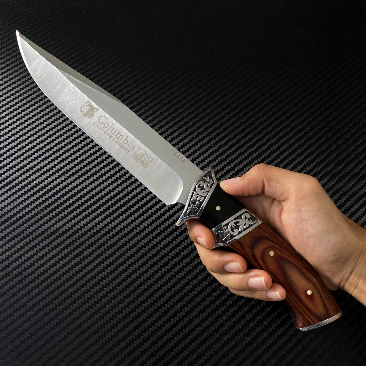 มีดเดินป่า COLUMBIA รุ่น SA59 ด้ามไม้แท้มีลวดลาย การ์ดนิ้ว 2 ชั้น ทรงใบมีดสวย
