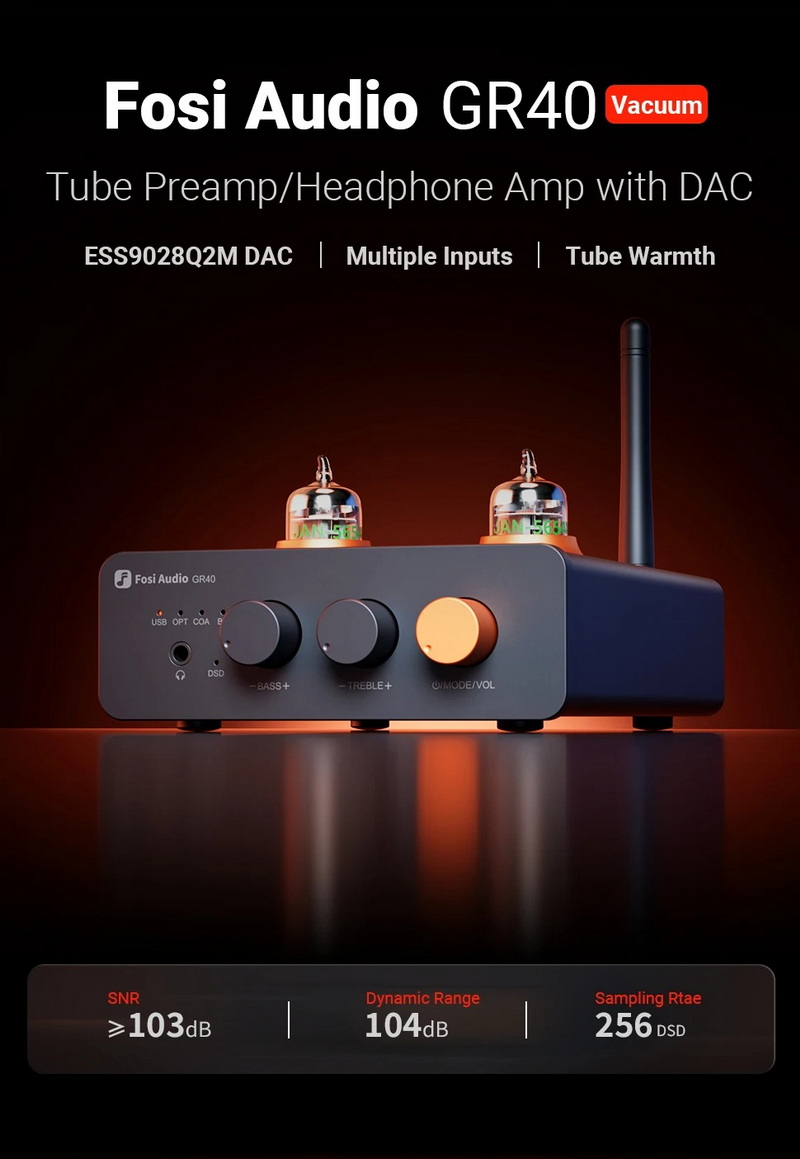 Fosi Audio GR40 Bluetooth DAC/AMP หลอดแก้วตั้งโต๊ะ ปรับเบส แหลมได้ ประกันศูนย์ไทย