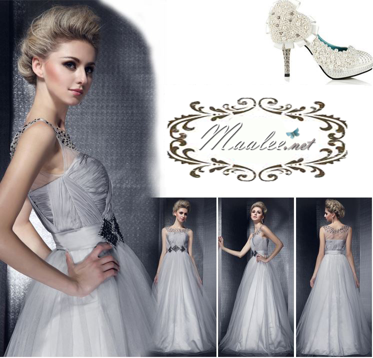 พร้อมเช่า ชุดราตรียาว สีเทาอ่อน อกจับจีบผ้าชีฟอง สไตล์กรีก ช่วงคอแแต่งลูกปัดผ้าตาข่าย&กระโปรง เอวแต่งลูกปัดพร้อมเลื่อม