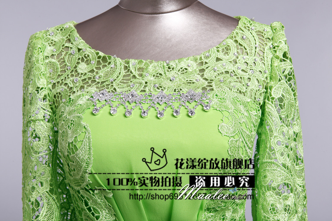 พร้อมเช่า ชุดราตรียาว สีเขียว แขนสามส่วน แต่งลูกไม้ จับเดรปทรงนาฬิกาทราย (L - 3XL)